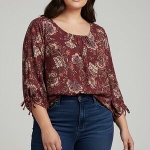 Roz & Ali Womens 1X Burgundy Floral Swiss Dot Blouse 3/4 Tie Sleeve 3708-72